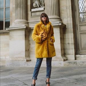Faux fur cozy warm mustard coat from Nasty Gal